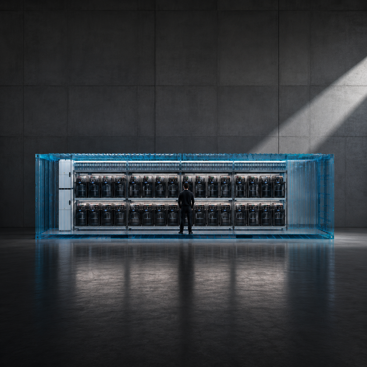 Große 3D-Druck-Container-Farm von Oakiv in dunkler Industriehalle mit durchsichtiger Ansicht