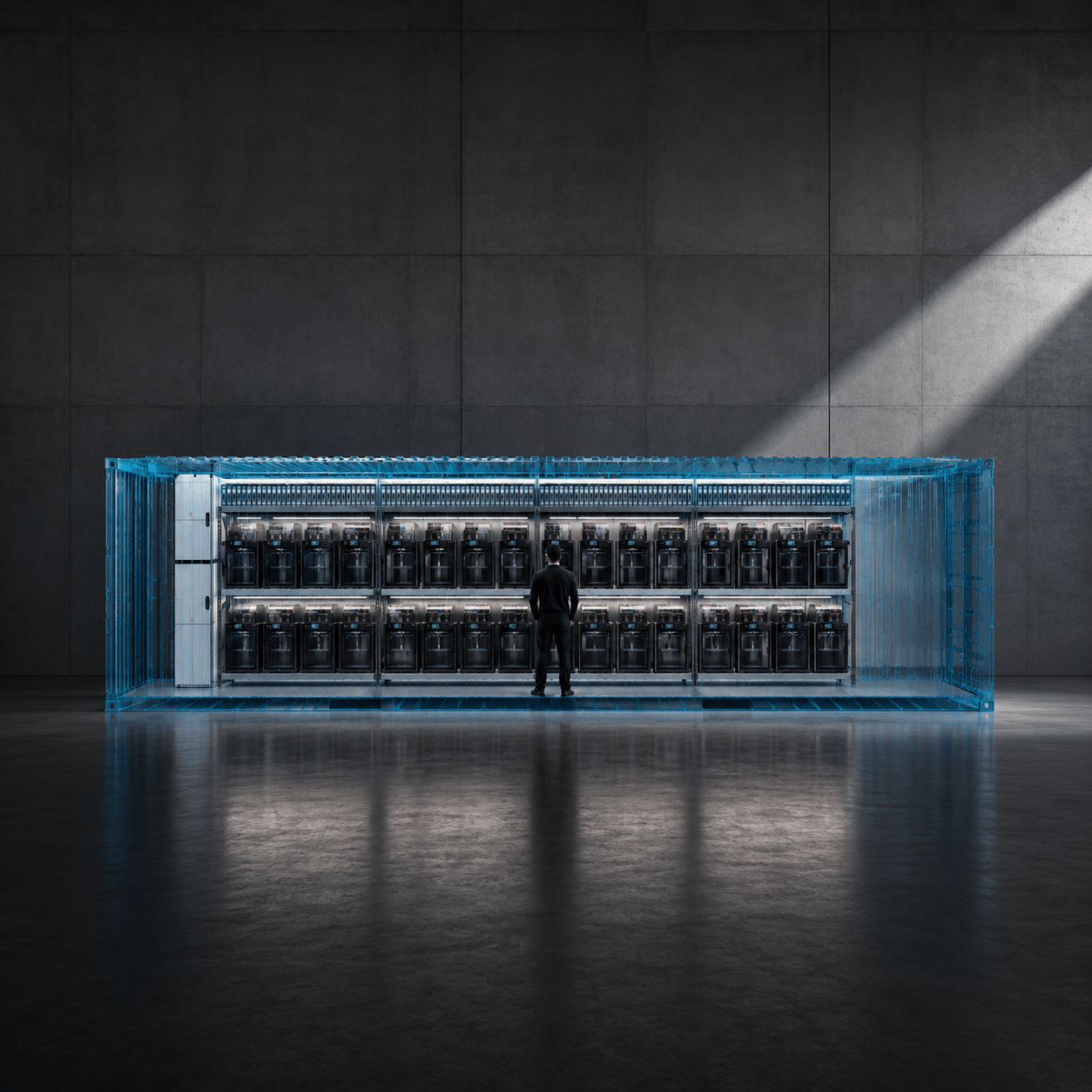 Große 3D-Druck-Container-Farm von Oakiv in dunkler Industriehalle mit durchsichtiger Ansicht