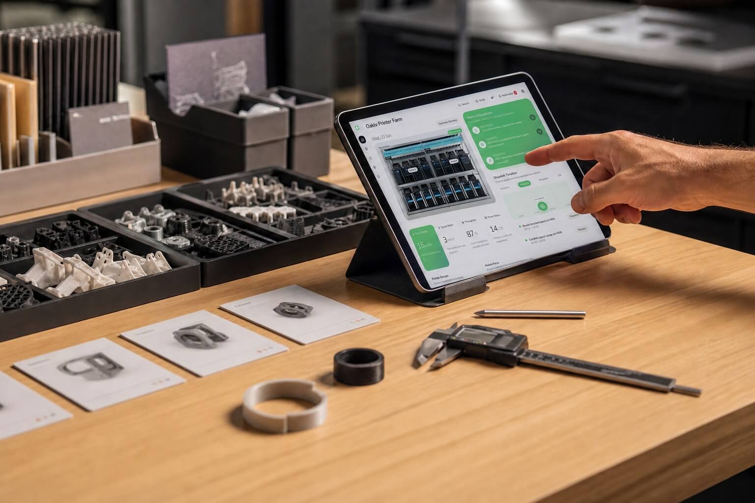 Tablet mit Farm-Software, Messschieber und gedruckten Bauteilen auf einer Werkbank