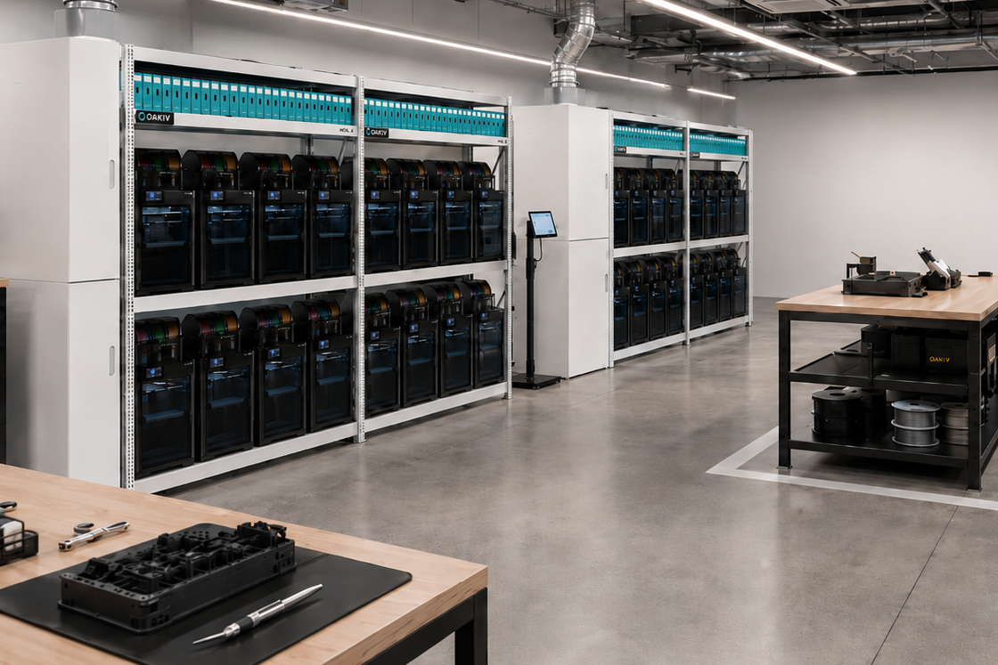 Moderne industrielle 3D-Druckerfarm mit klar strukturierter Produktionsumgebung, professioneller Geräteanordnung und durchdachter Infrastruktur für effiziente additive Fertigung.