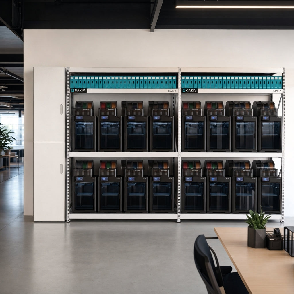 Modulare 3D-Druck-Farm mit mehreren Oakiv Druckmodulen in Showroom-Ansicht
