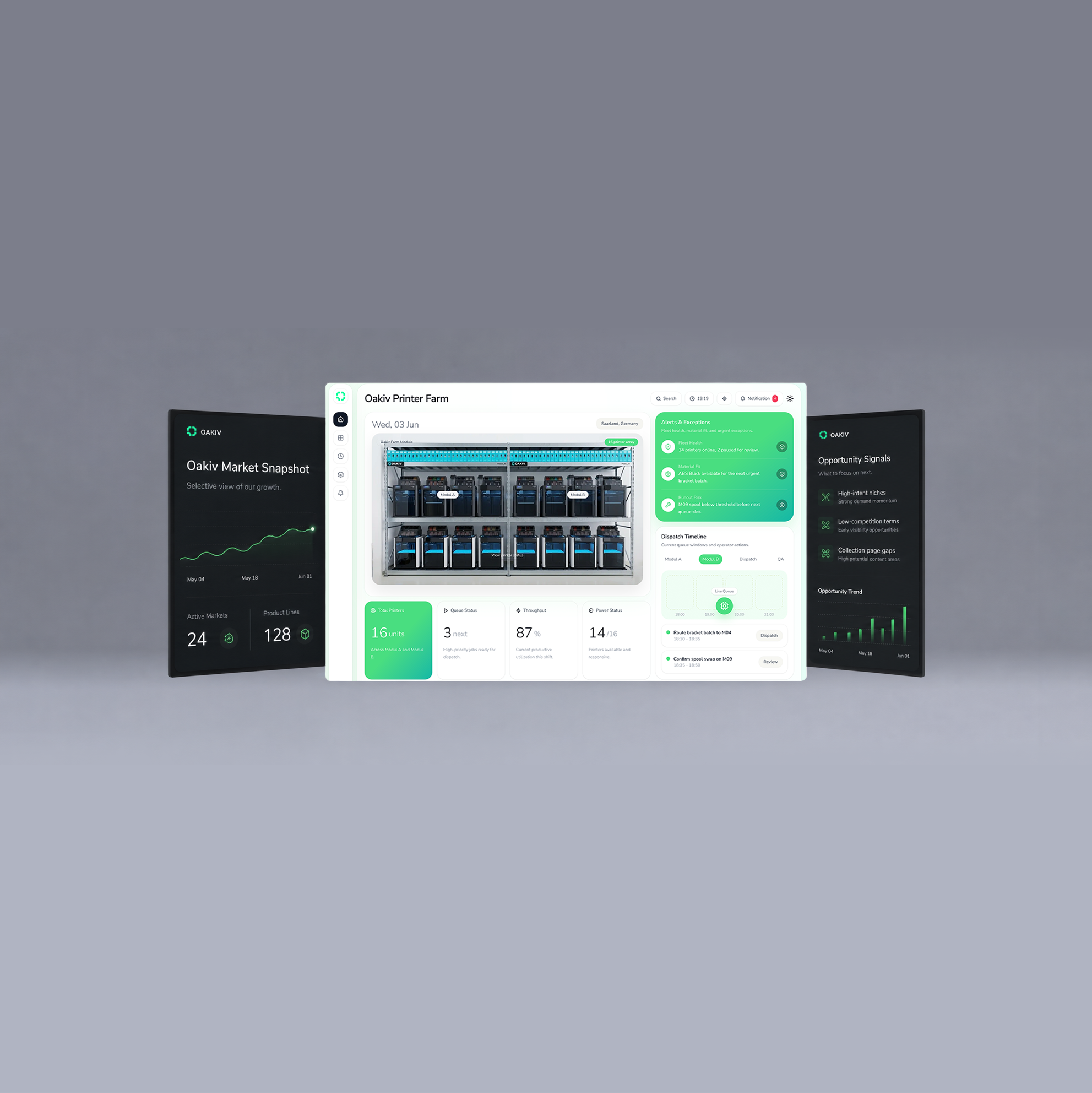 3D-Druck-Farm-Software Dashboard für Flottenmanagement, Monitoring und Produktionssteuerung