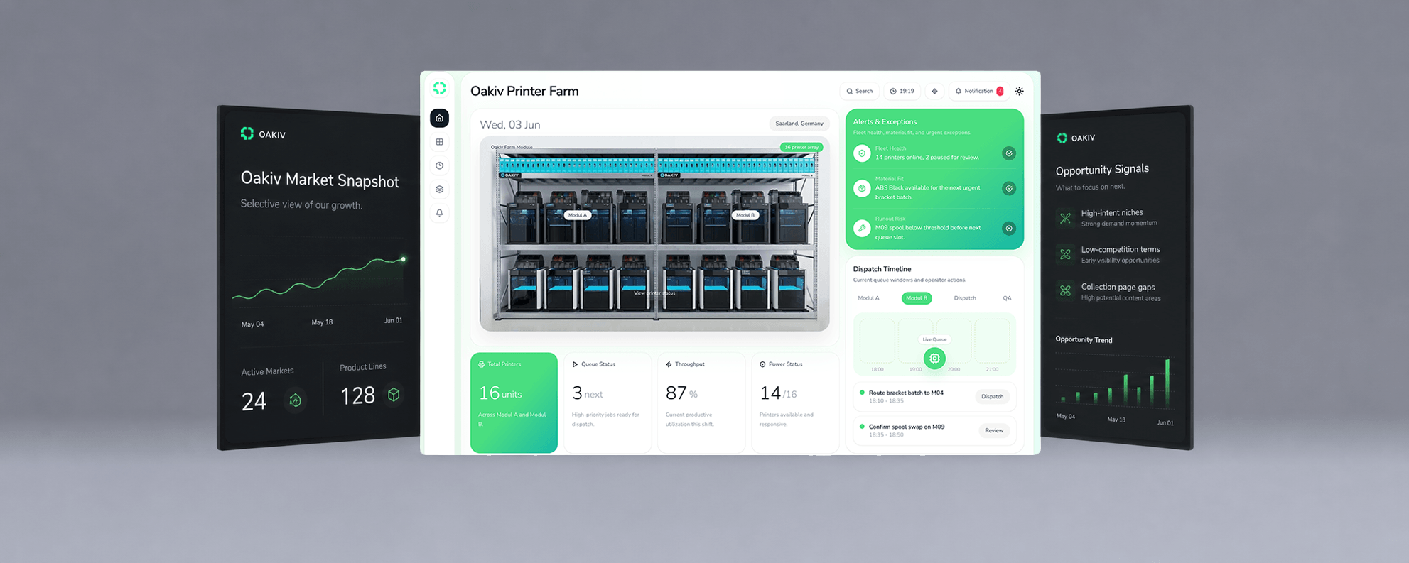 Dashboard für 3D-Druck-Farm-Software mit Monitoring, Status und Produktionsübersicht