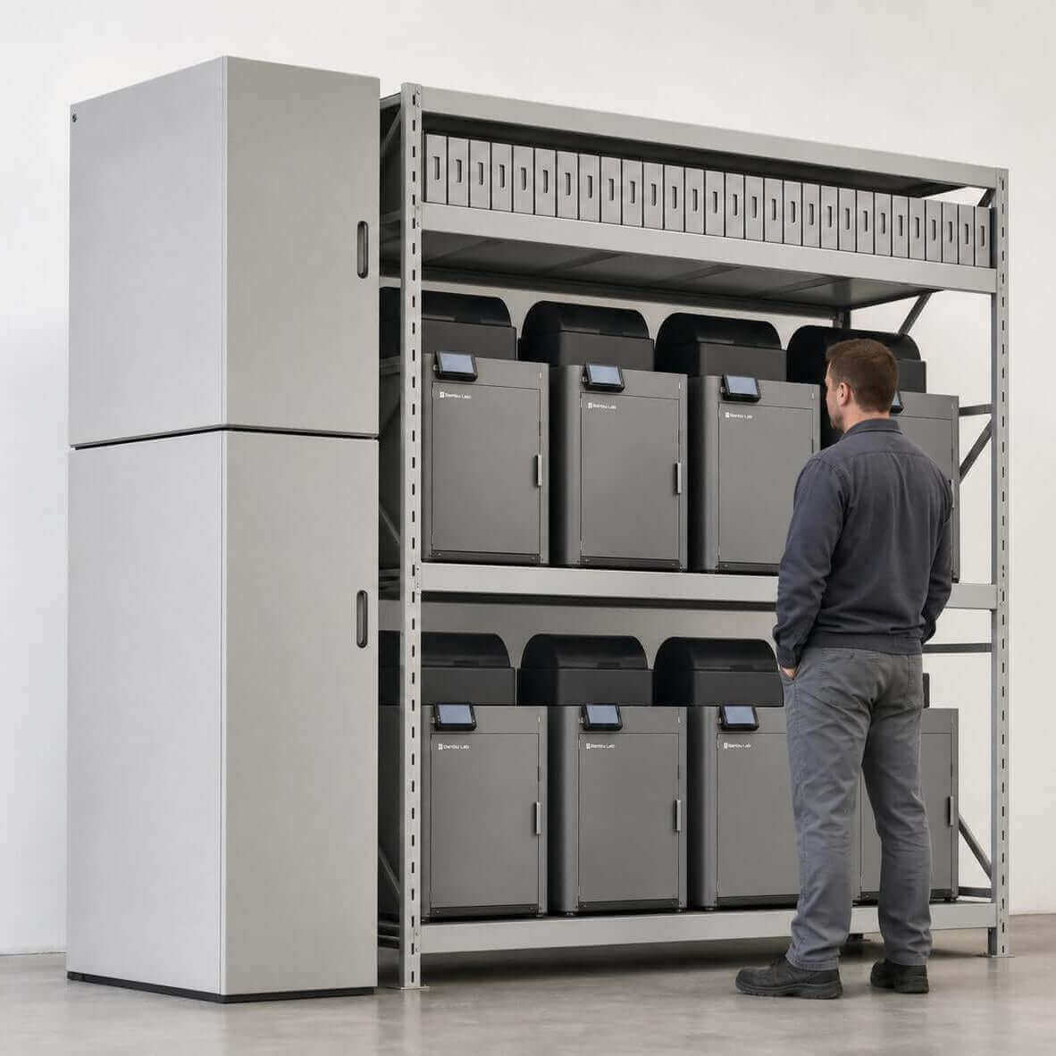 Oakiv FDM Pro Modul 8er mit Bedienperson an modularer 3D-Druck-Farm